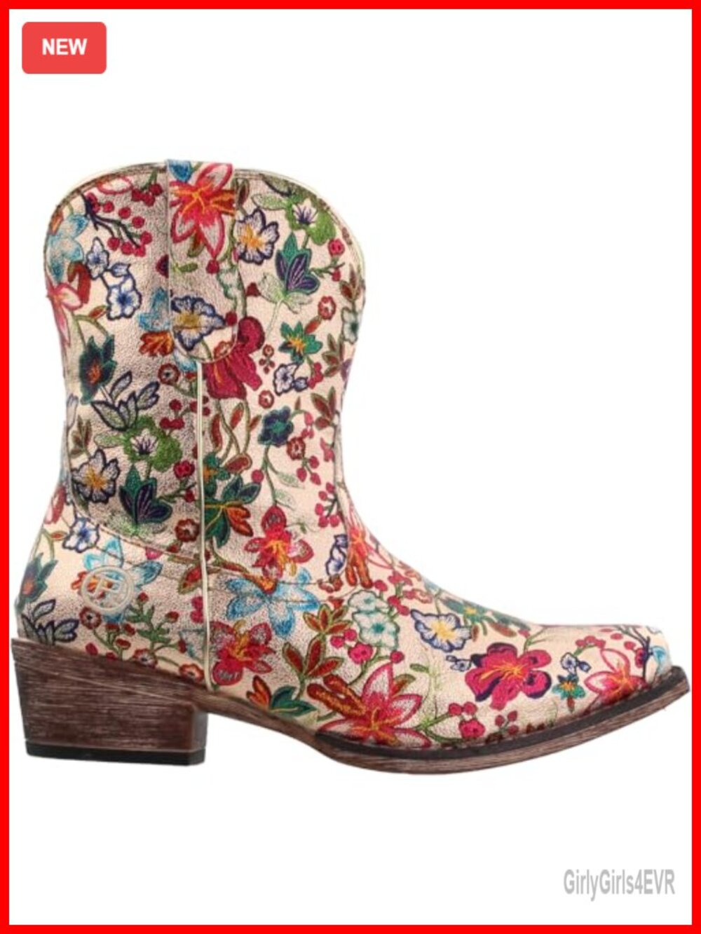 Faux Leather Snip Toe Cowboy Booties Low Heel Floral Embellished Pull On Ankle